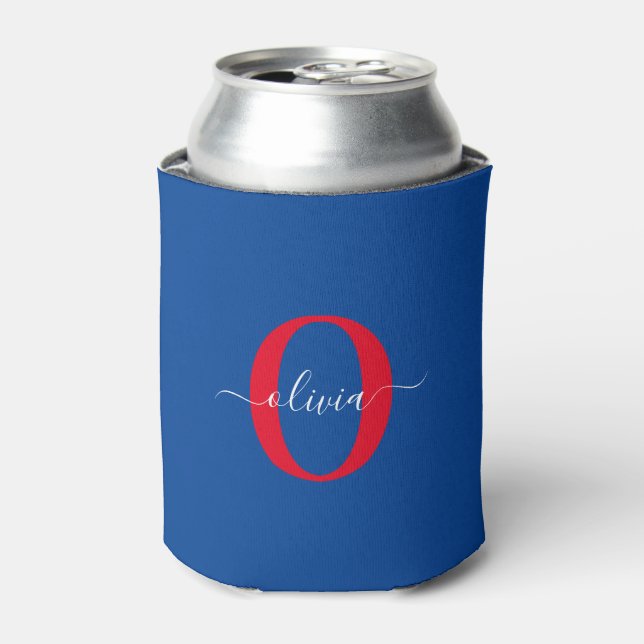 Enfriador De Latas Monograma personalizado Nombre de guión Azul Blanc (Lata Anverso)