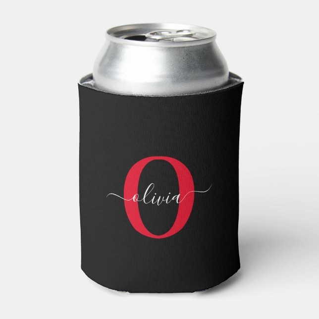Enfriador De Latas Monograma personalizado Nombre de guión Negro Blan (Lata Anverso)