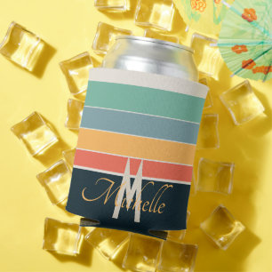 Enfriador De Latas Monograma personalizado retro de los 70 azul marin