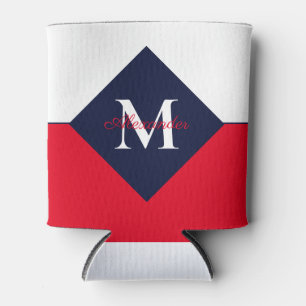 Enfriador De Latas Monograma Rojo Azul de la Marina Náutica Moderna