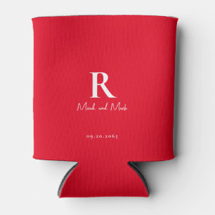 Enfriador De Latas Monograma rojo y blanco y Boda de nombres de parej