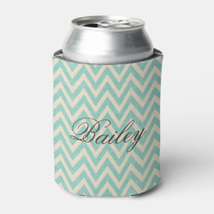 Enfriador De Latas Monograma Rústico Linen Beige y Aqua Chevron