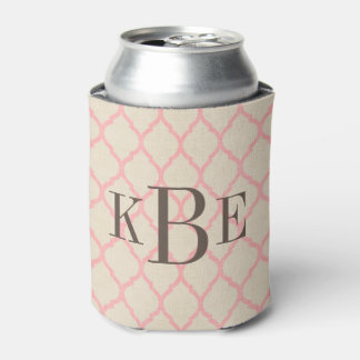 Enfriador De Latas Monograma Rústico Linen Beige y Quatrefoil Rosa