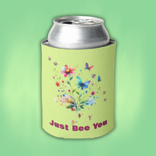 Enfriador De Latas Monograma simple de acuarela floral sobre verde