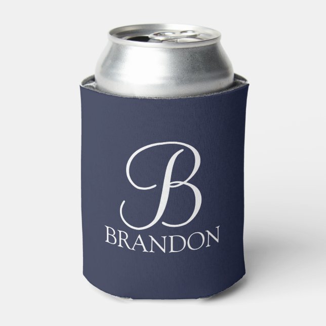 Enfriador De Latas Monograma y nombre del guión personalizado azul de (Lata Anverso)
