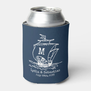 Enfriador De Latas Monogramado Boda Pareja Buque Vintage Marina Azul