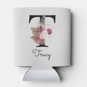 Enfriador De Latas Monogramado Pink Floral Inicial T