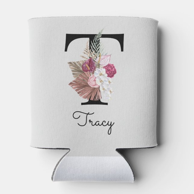 Enfriador De Latas Monogramado Pink Floral Inicial T (Reverso)