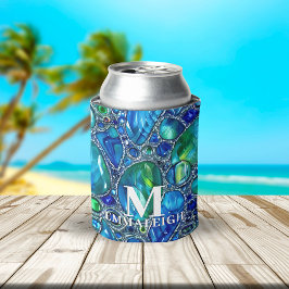 Enfriador De Latas Monogramas de Gemas de Vidrio Brillantes Verde Azu