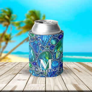 Enfriador De Latas Monogramas de Gemas de Vidrio Brillantes Verde Azu