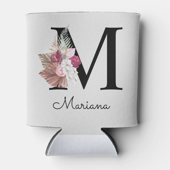 Enfriador De Latas Monogramo inicial M Pink Boho Floral (Anverso)
