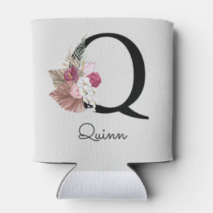 Enfriador De Latas Monogramo Pink Boho Floral Inicial Q