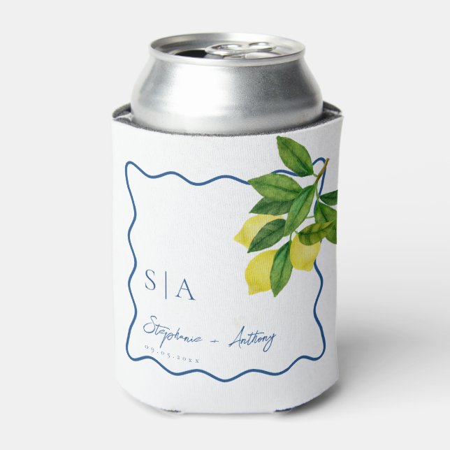 Enfriador De Latas Monogramos de cítricos limón, Boda de borde de ond (Lata Anverso)