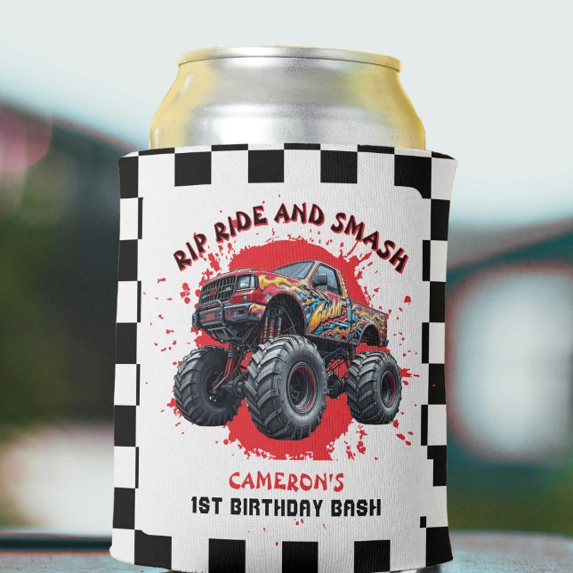 Enfriador De Latas Monster Camión Smash Bandera de Verificación Prime (Monster Truck Smash Checkered Flag 1st Birthday Can Cooler
)