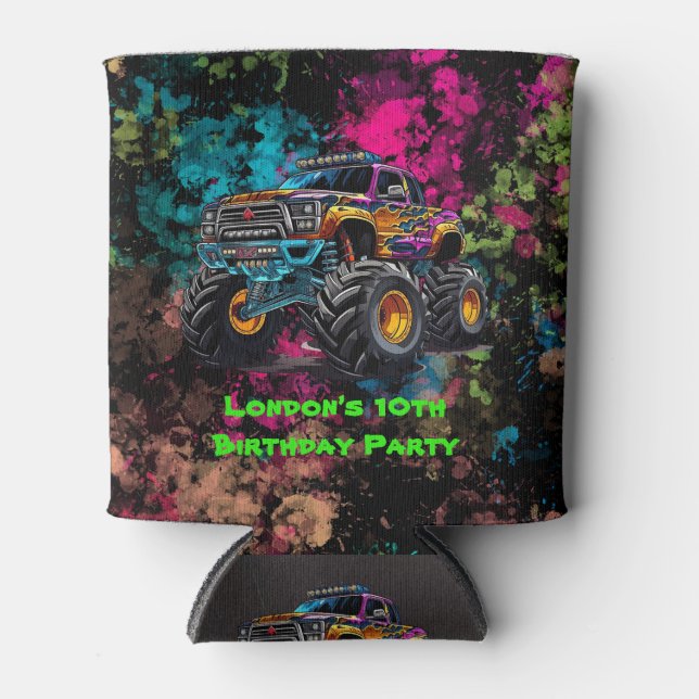 Enfriador De Latas Monster Truck Neon Boy Birthday Party Gracias (Anverso)