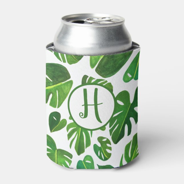 Enfriador De Latas Monstera Tropical Watercolor Blanco PERSONALIZADO  (Lata Anverso)