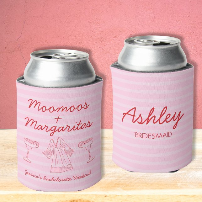 Enfriador De Latas Moomoos & Margaritas Bachelorette rosa y roja (Moomoos & Margaritas Pink & Red Bachelorette Can Cooler)