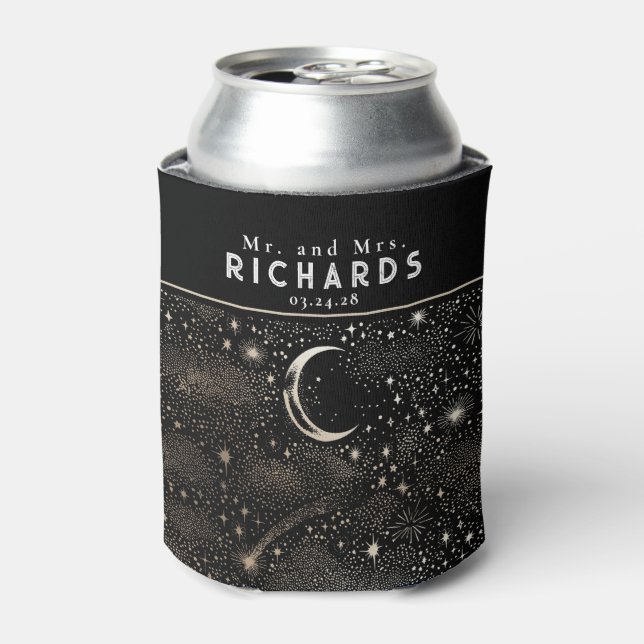 Enfriador De Latas Moon Stars Celestial Starry Night Boda negro (Lata Anverso)