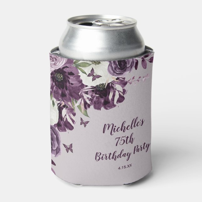 Enfriador De Latas Morado Flores Blancas Mariposas 75º cumpleaños (Lata Anverso)