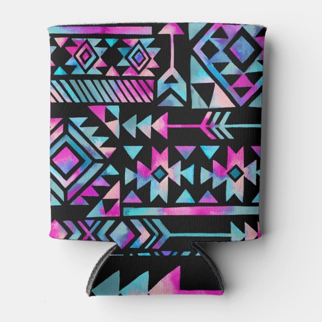 Enfriador De Latas Motivos tribales acuarelas, tapicería étnica. (Anverso)