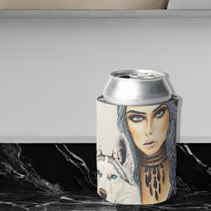 Enfriador De Latas Mujer Glam Moderna y Perro Lobo Husky
