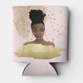 Enfriador De Latas Mujer negra, tonos dorados y hojas de palma, rosa