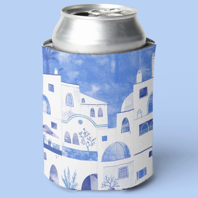 Enfriador De Latas Municipio de Santorini (Blue and white watercolor Santorini painting can cooler)
