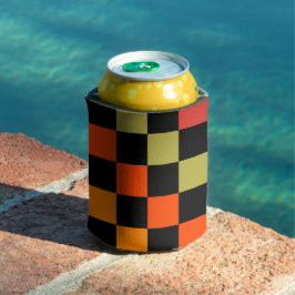 Enfriador De Latas Naranja Black Checkerboard Retro Classic Checks