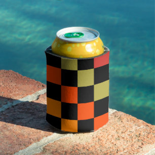 Enfriador De Latas Naranja Black Checkerboard Retro Classic Checks