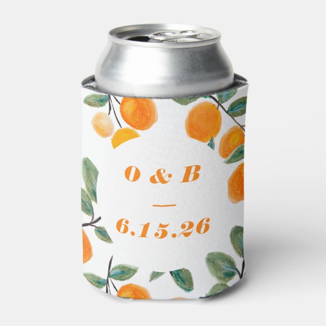 Enfriador De Latas Naranja de acuarela Citrus Monogrammed Boda (Lata Anverso)
