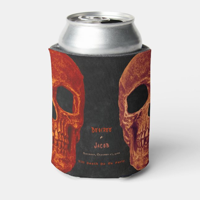 Enfriador De Latas Naranja de cráneo gótico Boda de Halloween negro (Reverso de la lata)