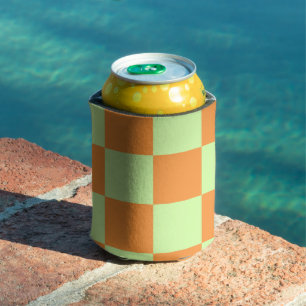 Enfriador De Latas Naranja Green Checkerboard Retro Checks