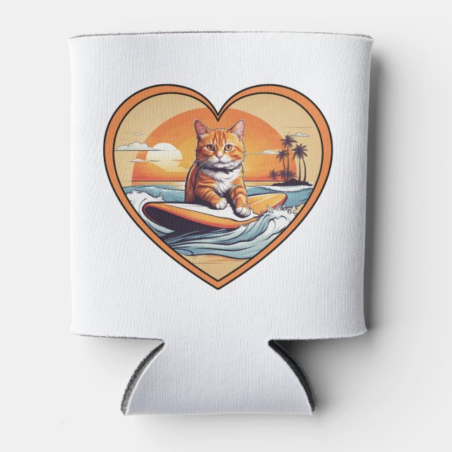 Enfriador De Latas Naranja Tabby Surfing Cat (Anverso)