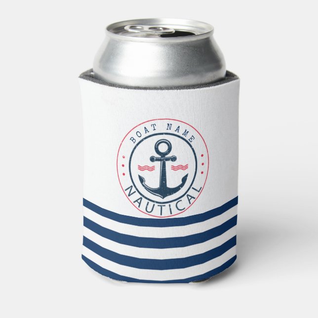 Enfriador De Latas Náutica, nombre del barco, franjas azules de la ma (Reverso de la lata)