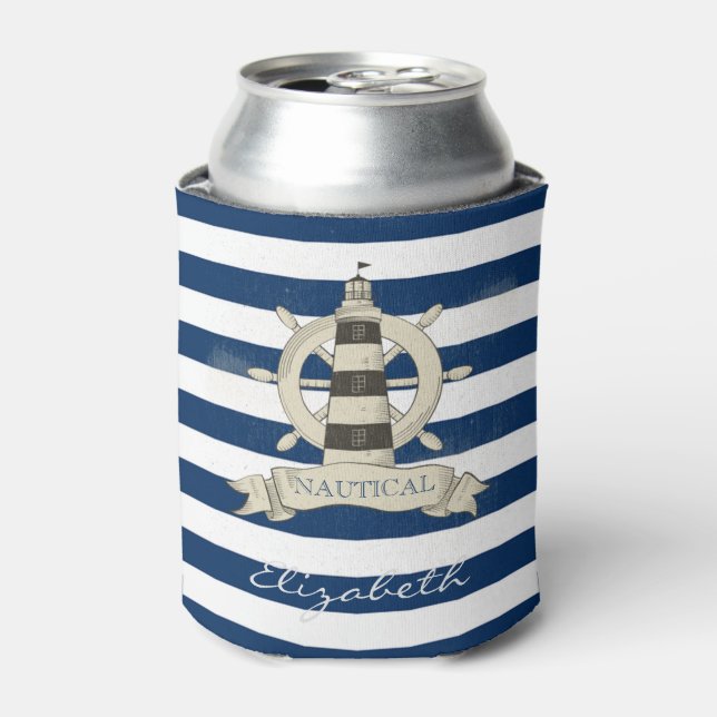 Enfriador De Latas Náutica,Rueda de barco,Bandas azules y blancas (Lata Anverso)
