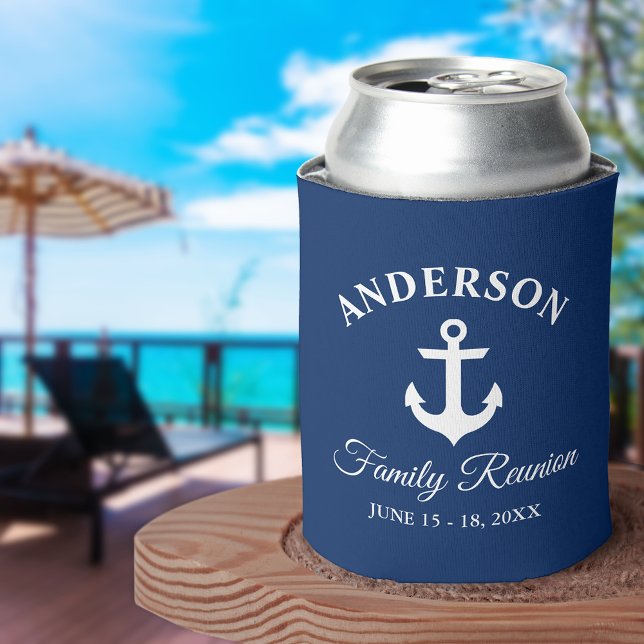 Enfriador De Latas Nautical Anchor Family Reunion Naval Azul (Customize to change text size or text style.)