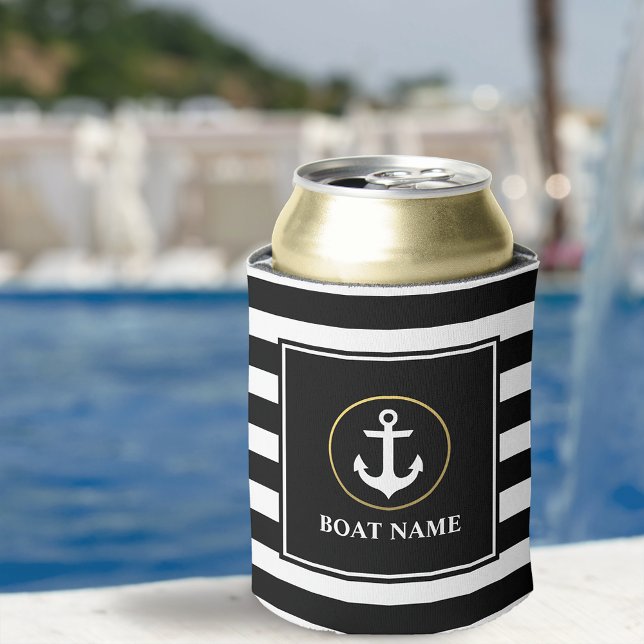 Enfriador De Latas Nautical Anchor Gold Black Striped Bot Name (Customize to change text size or text style.)