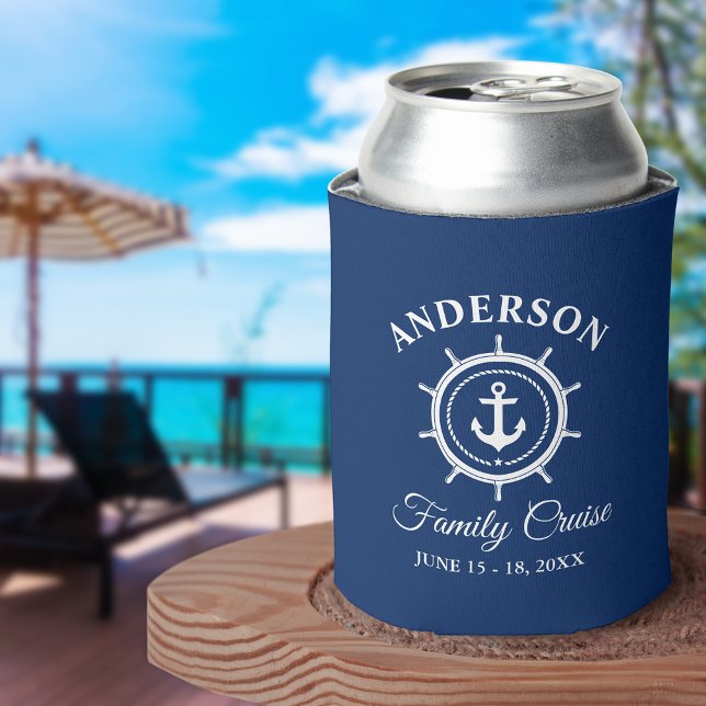Enfriador De Latas Nautical Anchor Helm Nave Blue Family Cruise (Customize to change background color.)