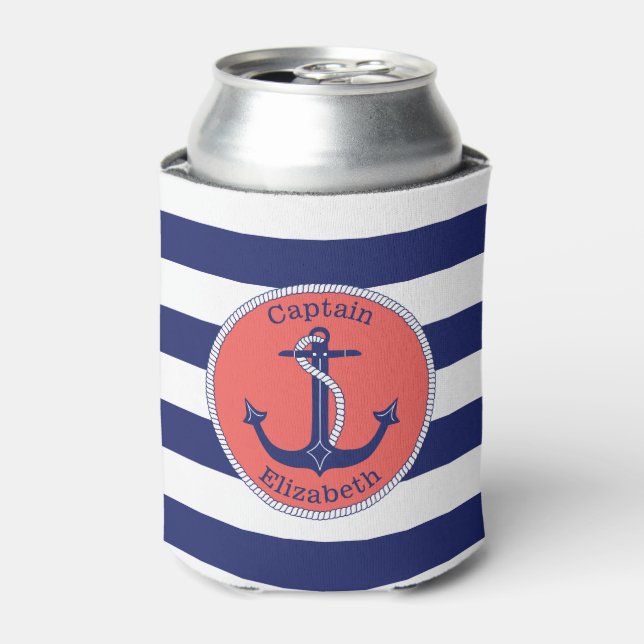 Enfriador De Latas Nautical Anchor Naval y Coral Personalizadas (Lata Anverso)