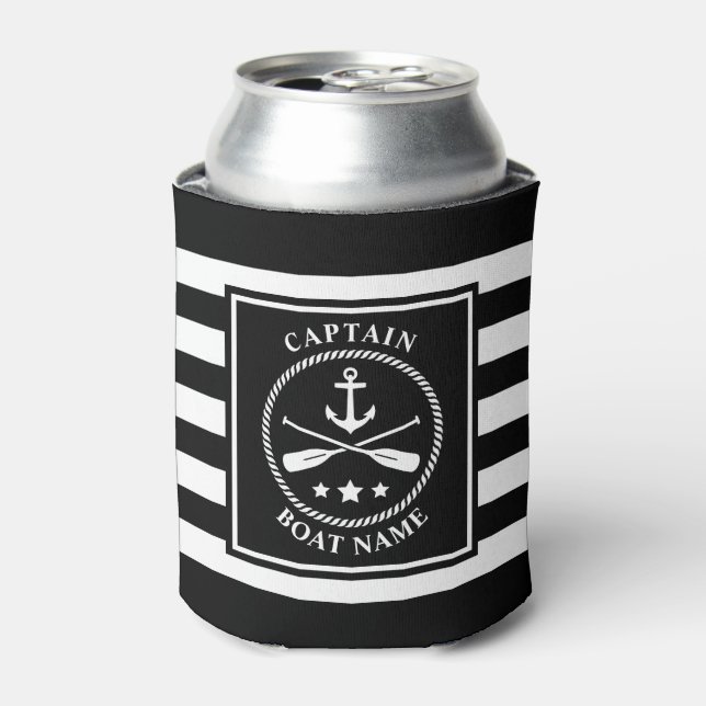 Enfriador De Latas Nautical Anchor Oar Captain Bote Name Black Stripe (Lata Anverso)