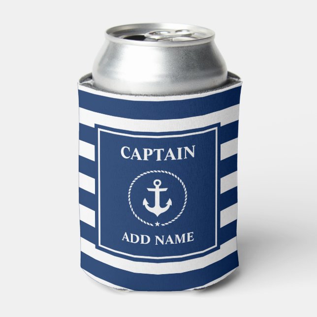 Enfriador De Latas Nautical Anchor Rope Blue Stried Captain Name (Lata Anverso)