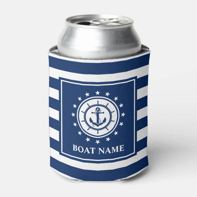 Enfriador De Latas Nautical Anchor Rope Blue Striped Bots Nombre Estr (Lata Anverso)