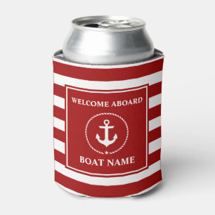 Enfriador De Latas Nautical Anchor Rope Nombre de barco a rayas Bienv