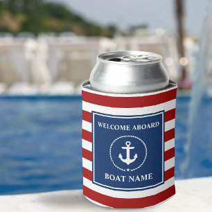 Enfriador De Latas Nautical Anchor Rope Striped Bot Nombre Bienvenida