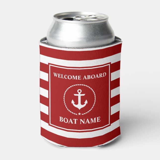 Enfriador De Latas Nautical Anchor Rope Striped Bot Nombre Bienvenida (Lata Anverso)