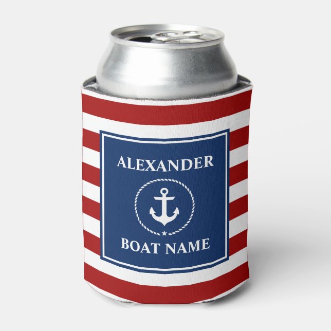 Enfriador De Latas Nautical Anchor Rope Striped Bote RWB Tu Nombre (Lata Anverso)