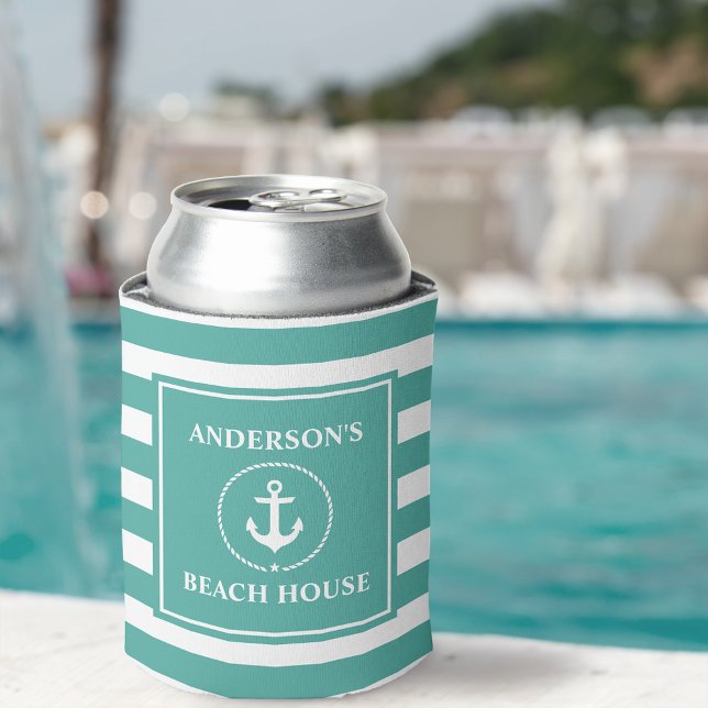 Enfriador De Latas Nautical Anchor Rope Striped Welcome Bot Name (Nom (Customize to change text size or text style.)