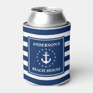 Enfriador De Latas Nautical Anchor Stars Blue Striped Beach House