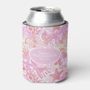 Enfriador De Latas Nautical Beach Collage Hot Pink ID840