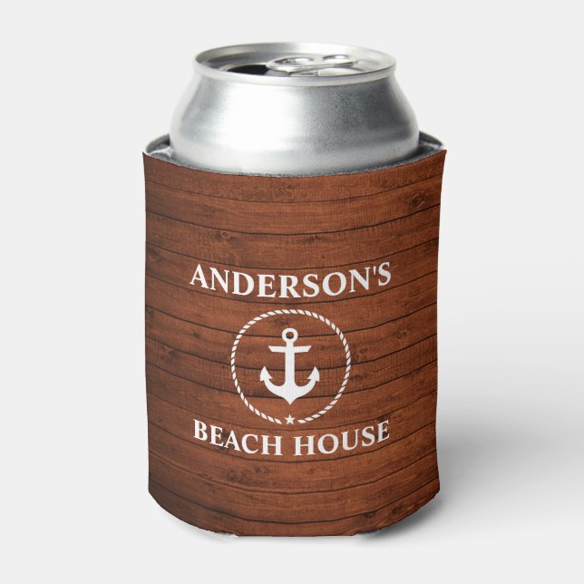 Enfriador De Latas Nautical Beach House Nombre de familia Anchor Wood (Lata Anverso)